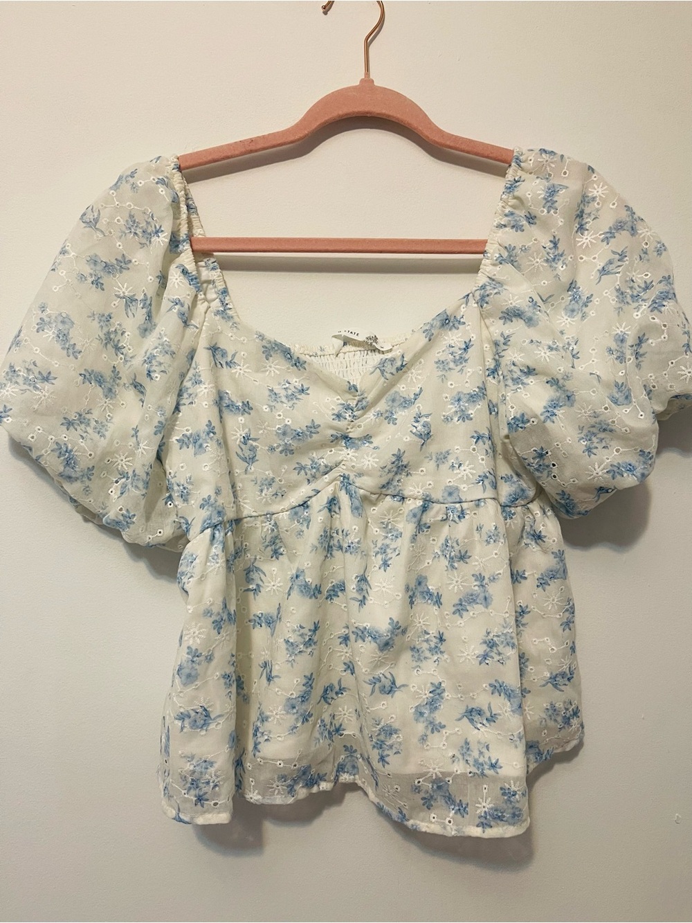 Altar'd State Cream and Light Blue Puff-Sleeve Peplum Blouse